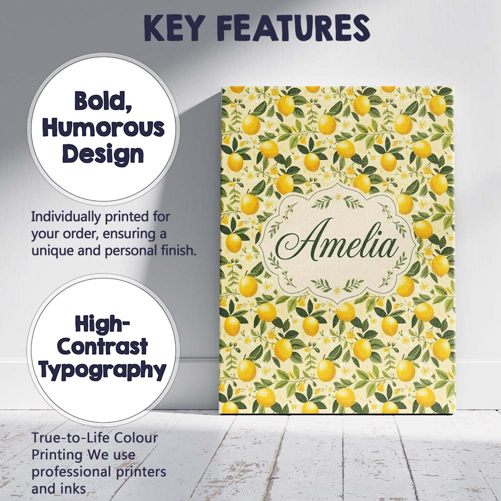 Personalised Name Warm Yellow Lemon Orchard Custom Bespoke Interior Contemporary Canvas Wall Art Print Decor Picture Ready to Hang