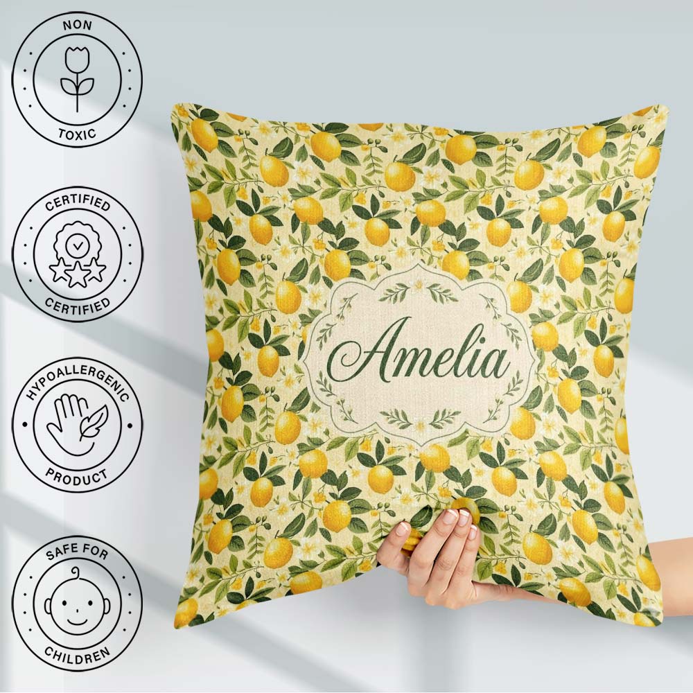 Custom Name Warm Yellow Orchard with Flowers and Leaves Seamless Square Filled Cushion Throw Pillow Sofa Bed Home Decor Zip Washable UK Made