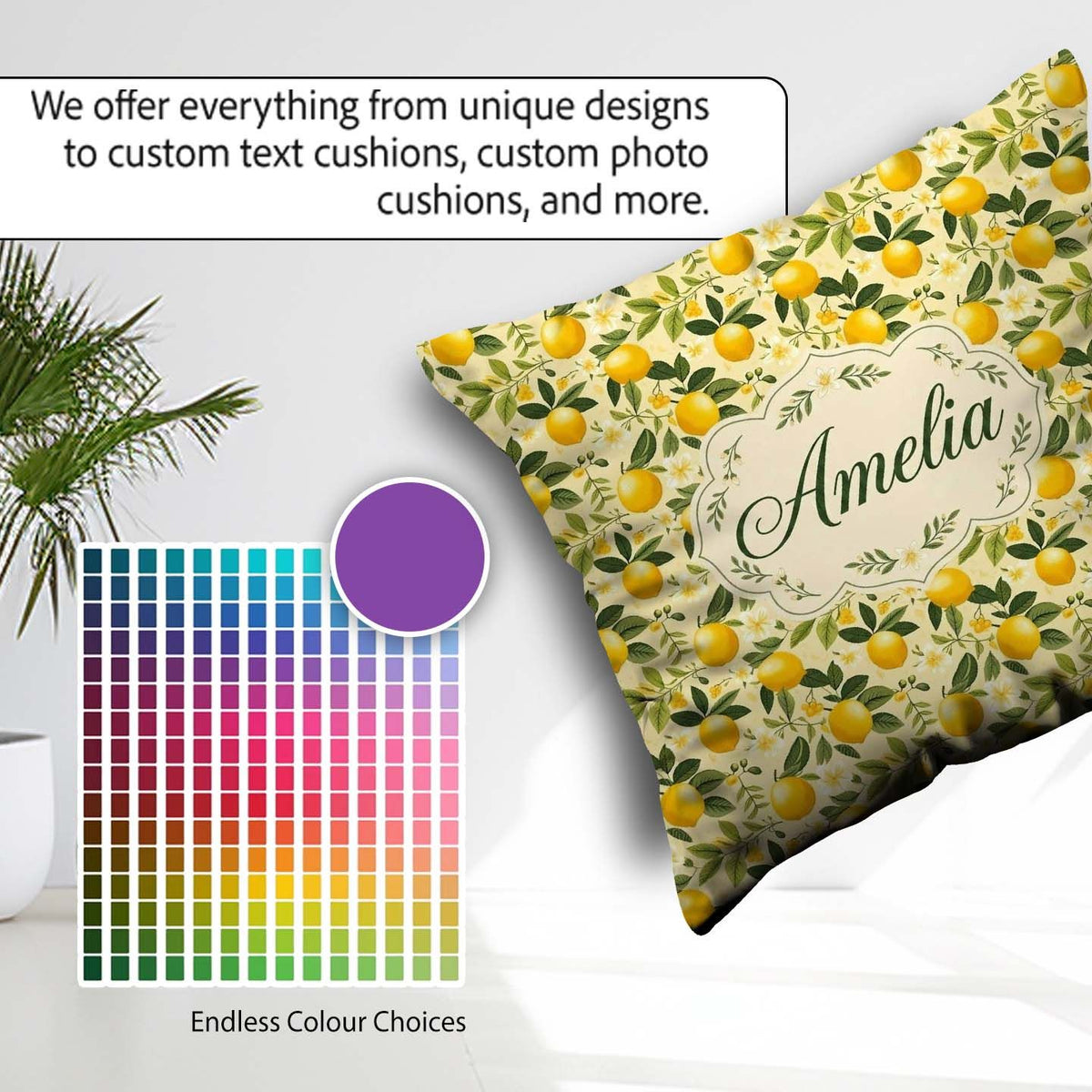 Custom Name Warm Yellow Orchard with Flowers and Leaves Seamless Square Filled Cushion Throw Pillow Sofa Bed Home Decor Zip Washable UK Made