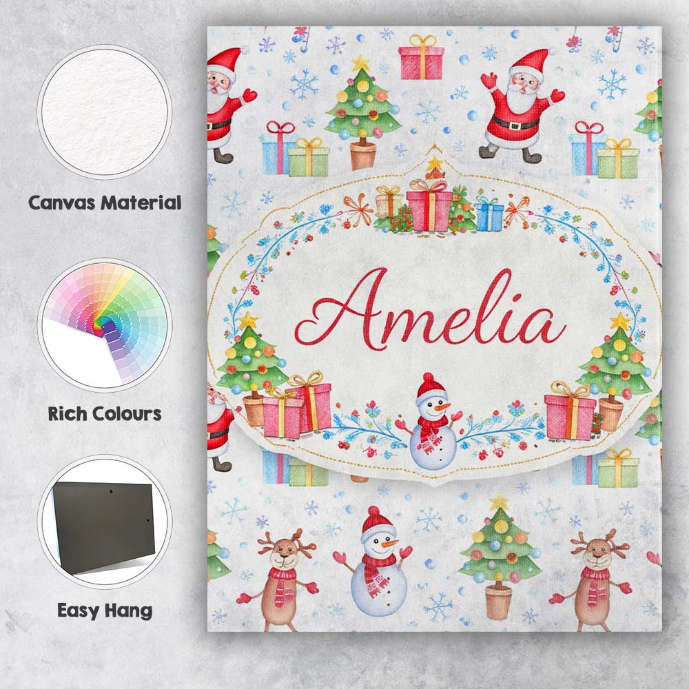 Personalised Name Santa Reindeer Christmas Tree Pattern Cute Holiday Custom Home Canvas Wall Art Print Decor Picture Ready to Hang