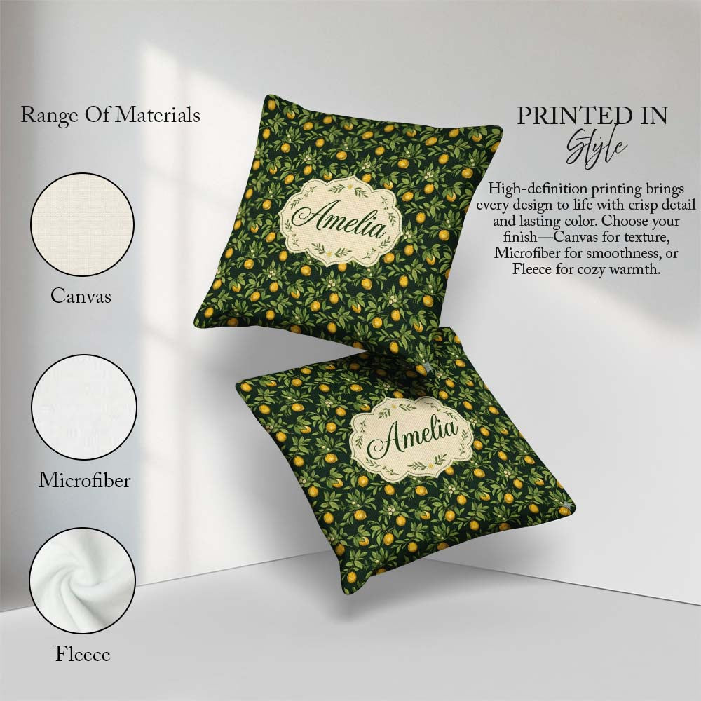 Custom Name Dark Green Lemon Tree Botanical with Detailed Leaves Square Filled Cushion Throw Pillow Sofa Bed Home Decor Zip Washable UK Made
