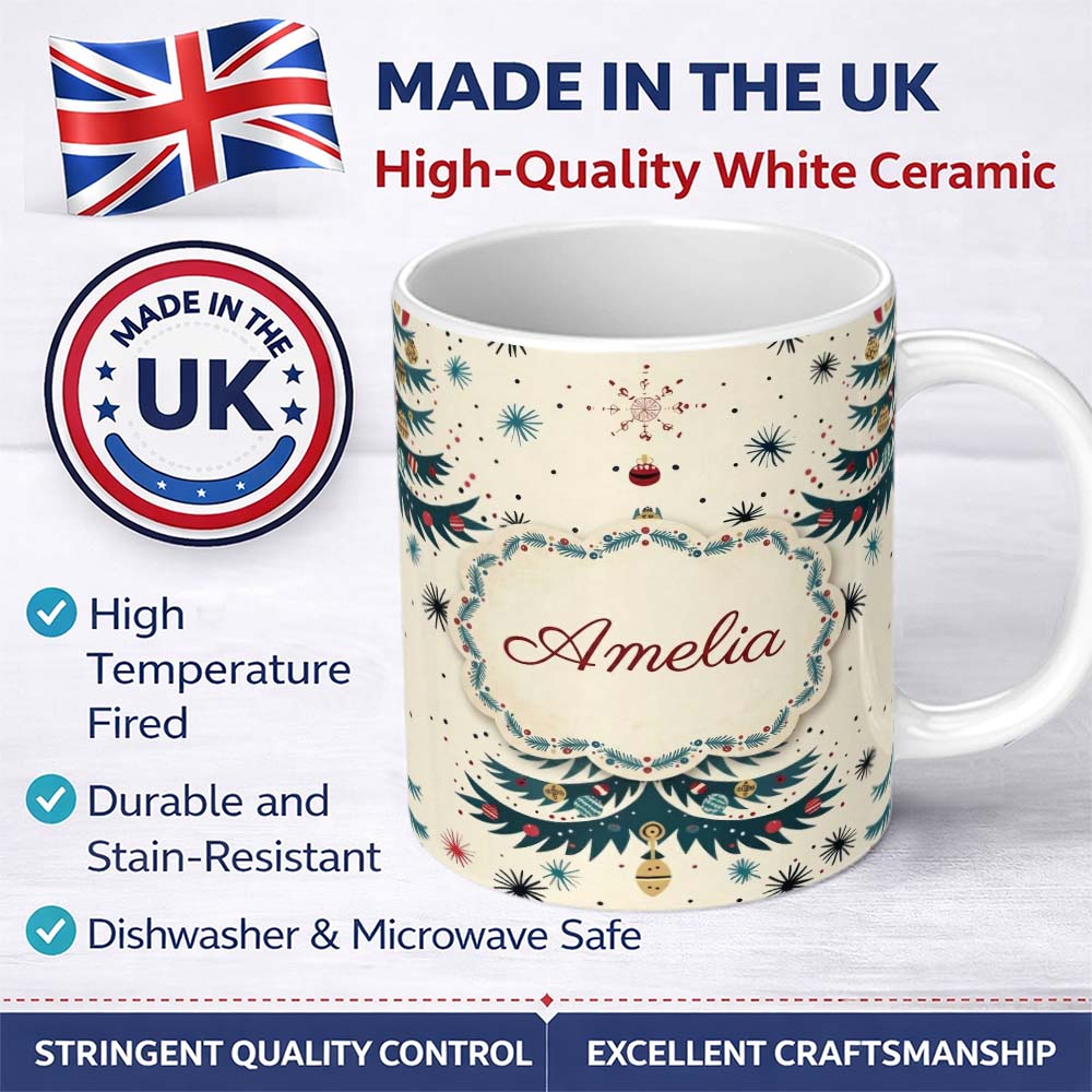 Personalized Custom Name Mid Century Christmas Tree Abstract Stars Seamless Pattern Lovely 11oz Ceramic Coffee Tea Mug White Large Handle