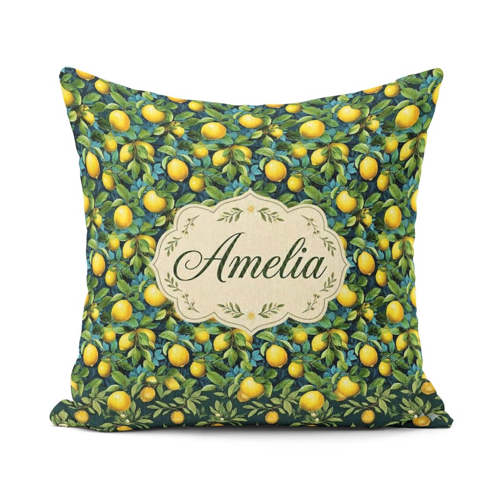 Custom Name Rich Blue with Vibrant Lemon Tree Branches Seamless Square Filled Cushion Throw Pillow Sofa Bed Home Decor Zip Washable UK Made