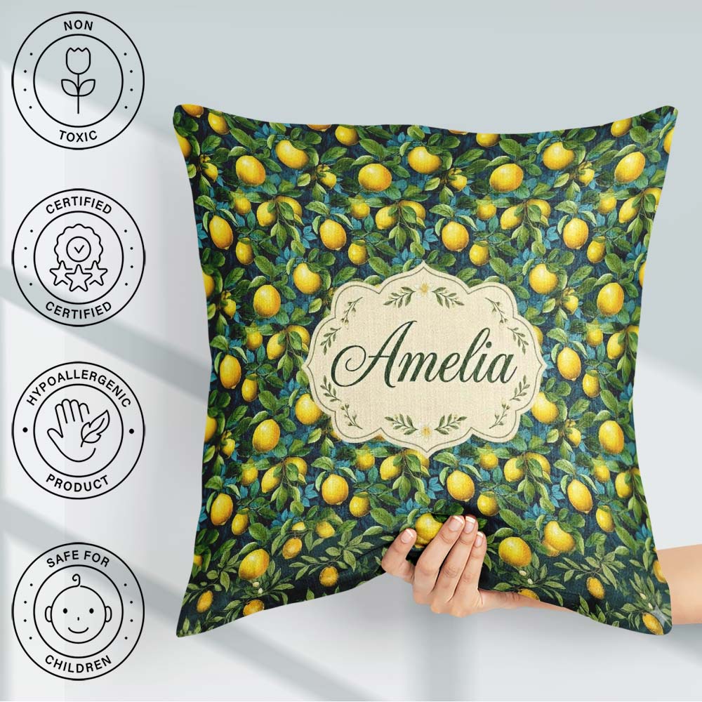 Custom Name Rich Blue with Vibrant Lemon Tree Branches Seamless Square Filled Cushion Throw Pillow Sofa Bed Home Decor Zip Washable UK Made