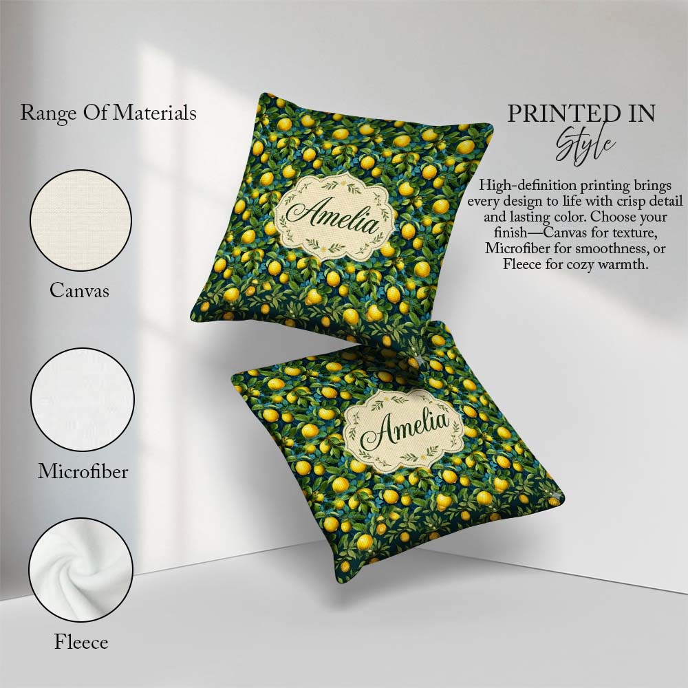 Custom Name Rich Blue with Vibrant Lemon Tree Branches Seamless Square Filled Cushion Throw Pillow Sofa Bed Home Decor Zip Washable UK Made