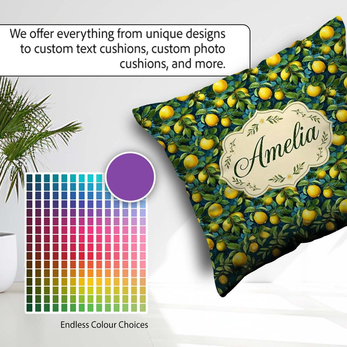 Custom Name Rich Blue with Vibrant Lemon Tree Branches Seamless Square Filled Cushion Throw Pillow Sofa Bed Home Decor Zip Washable UK Made