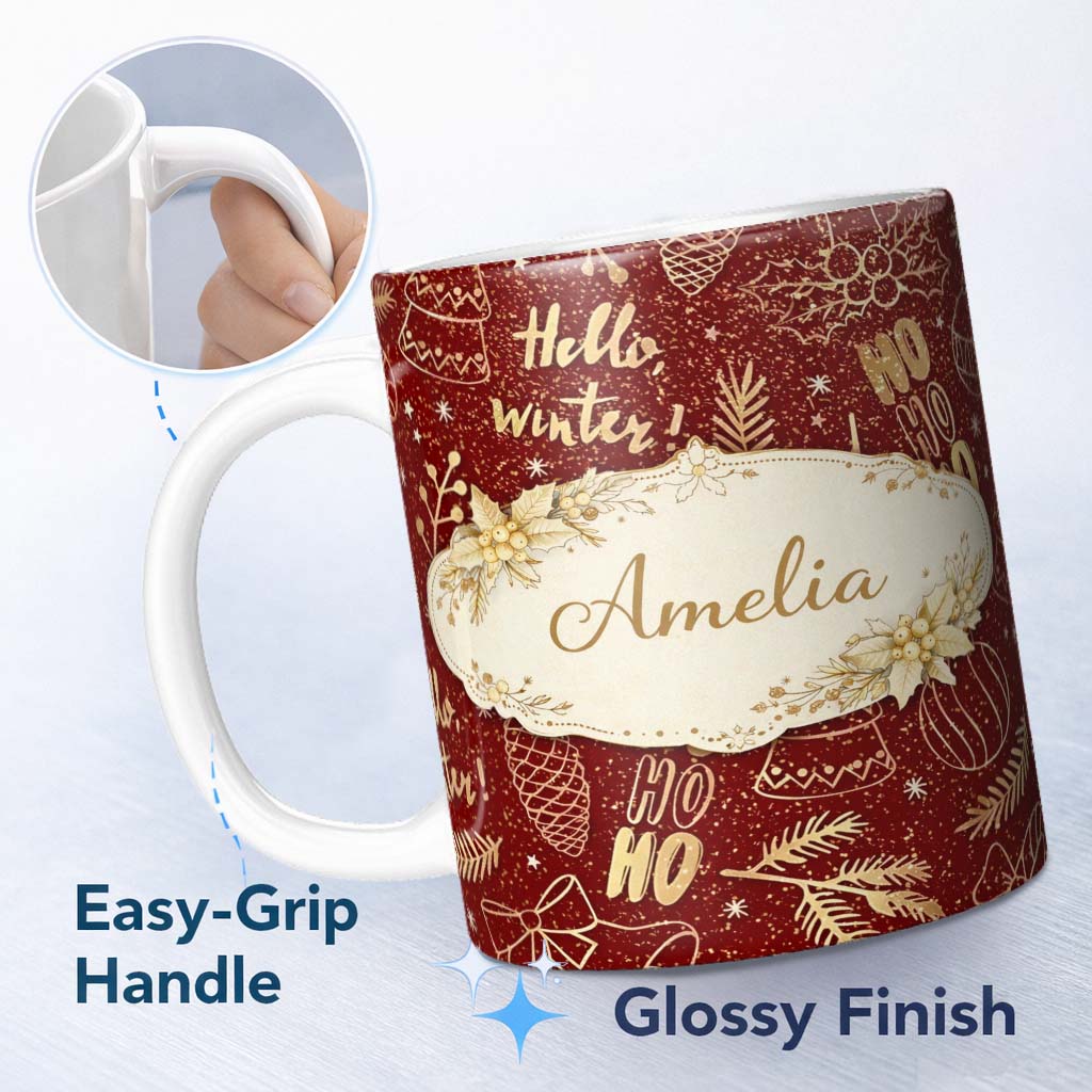 Personalized Custom Name Christmas Gold Foil Typography Bells Tree Festive Seamless Pattern 11oz Ceramic Coffee Tea Mug White Large Handle