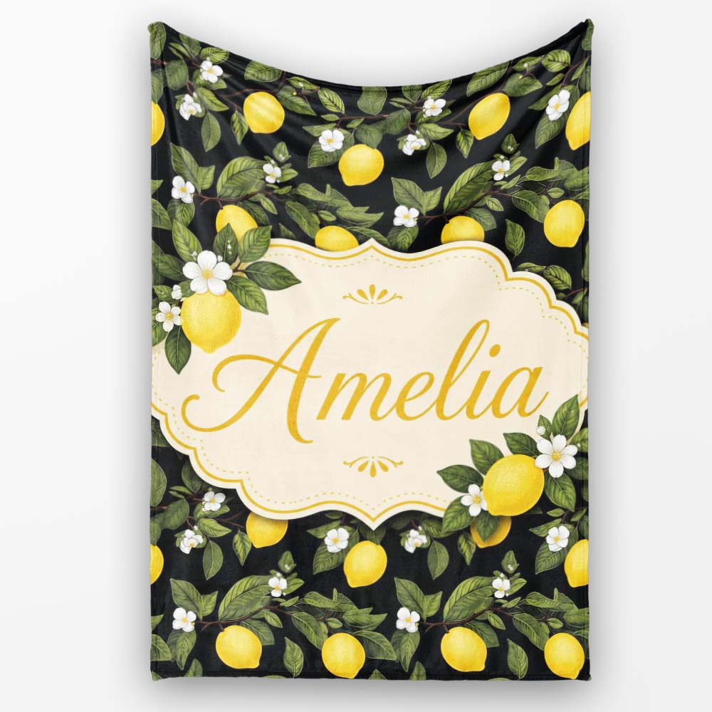 Detailed Lemon Branches on Black Background Vintage Botanical Lovely Personalised Custom Name Super Soft Fleece Blanket Bed Sofa Throw