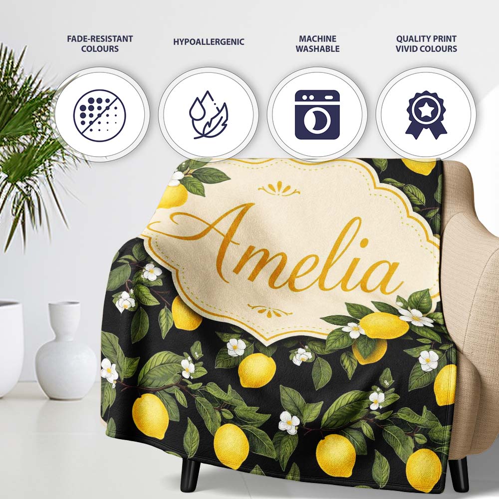 Detailed Lemon Branches on Black Background Vintage Botanical Lovely Personalised Custom Name Super Soft Fleece Blanket Bed Sofa Throw