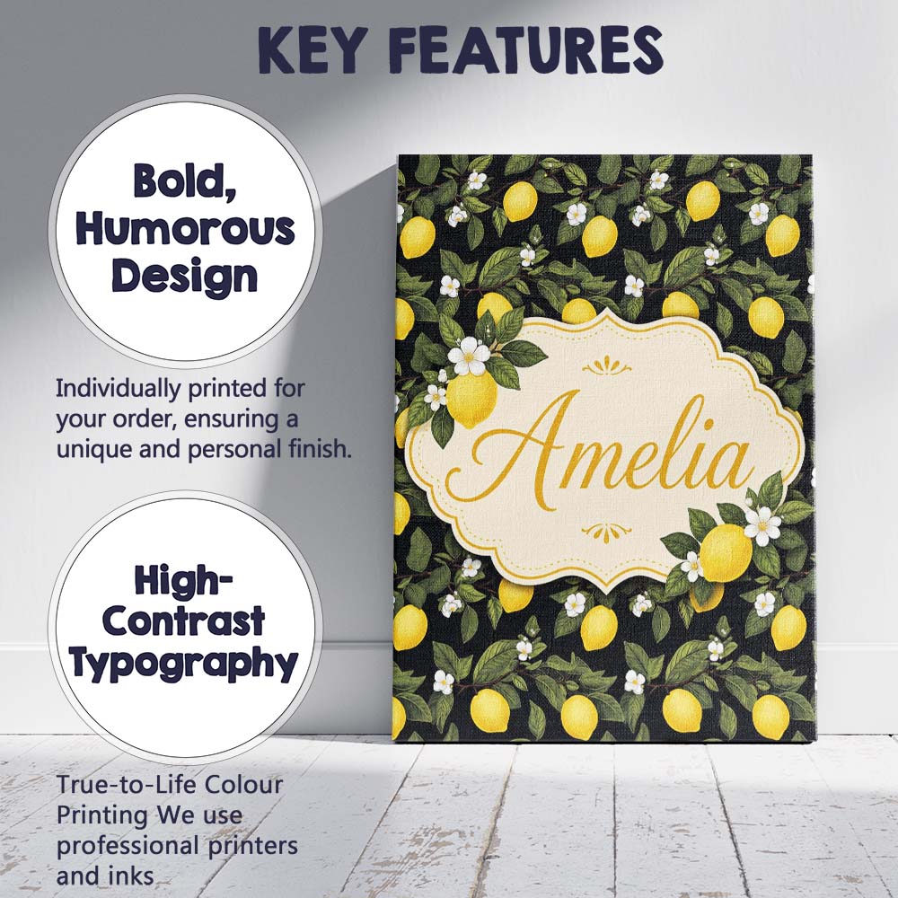 Personalised Name Detailed Lemon Branches Custom Unique Gift Idea Elegant Feature Canvas Wall Art Print Decor Picture Ready to Hang