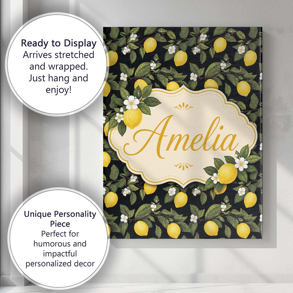 Personalised Name Detailed Lemon Branches Custom Unique Gift Idea Elegant Feature Canvas Wall Art Print Decor Picture Ready to Hang