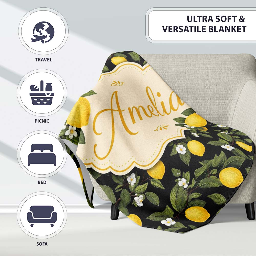 Detailed Lemon Branches on Black Background Vintage Botanical Lovely Personalised Custom Name Super Soft Fleece Blanket Bed Sofa Throw