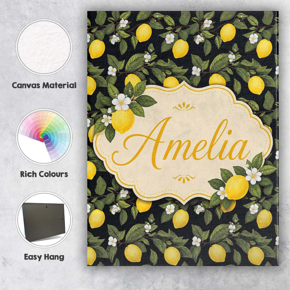 Personalised Name Detailed Lemon Branches Custom Unique Gift Idea Elegant Feature Canvas Wall Art Print Decor Picture Ready to Hang