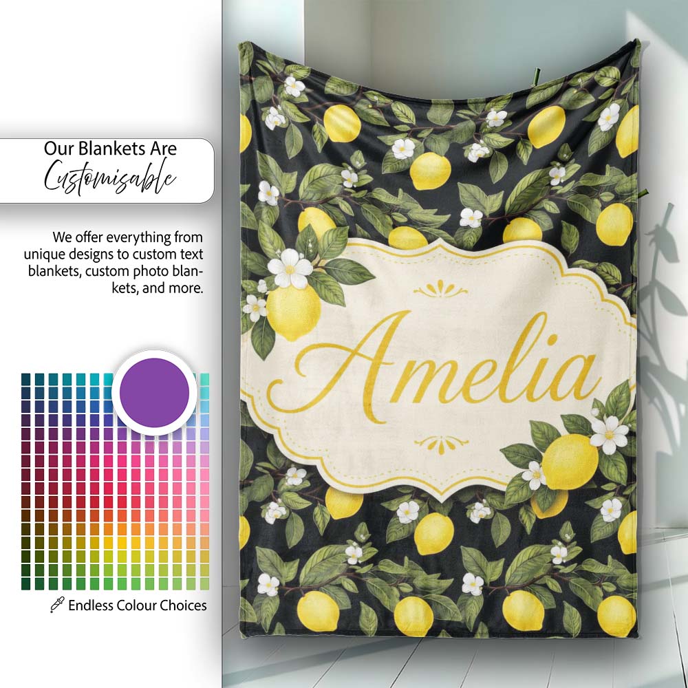 Detailed Lemon Branches on Black Background Vintage Botanical Lovely Personalised Custom Name Super Soft Fleece Blanket Bed Sofa Throw