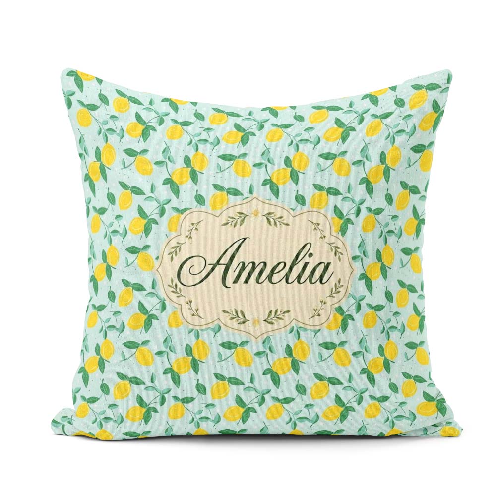 Custom Name Fresh Lemon and Leaf Toss Pattern on Mint Background Square Filled Cushion Throw Pillow Sofa Bed Home Decor Zip Washable UK Made