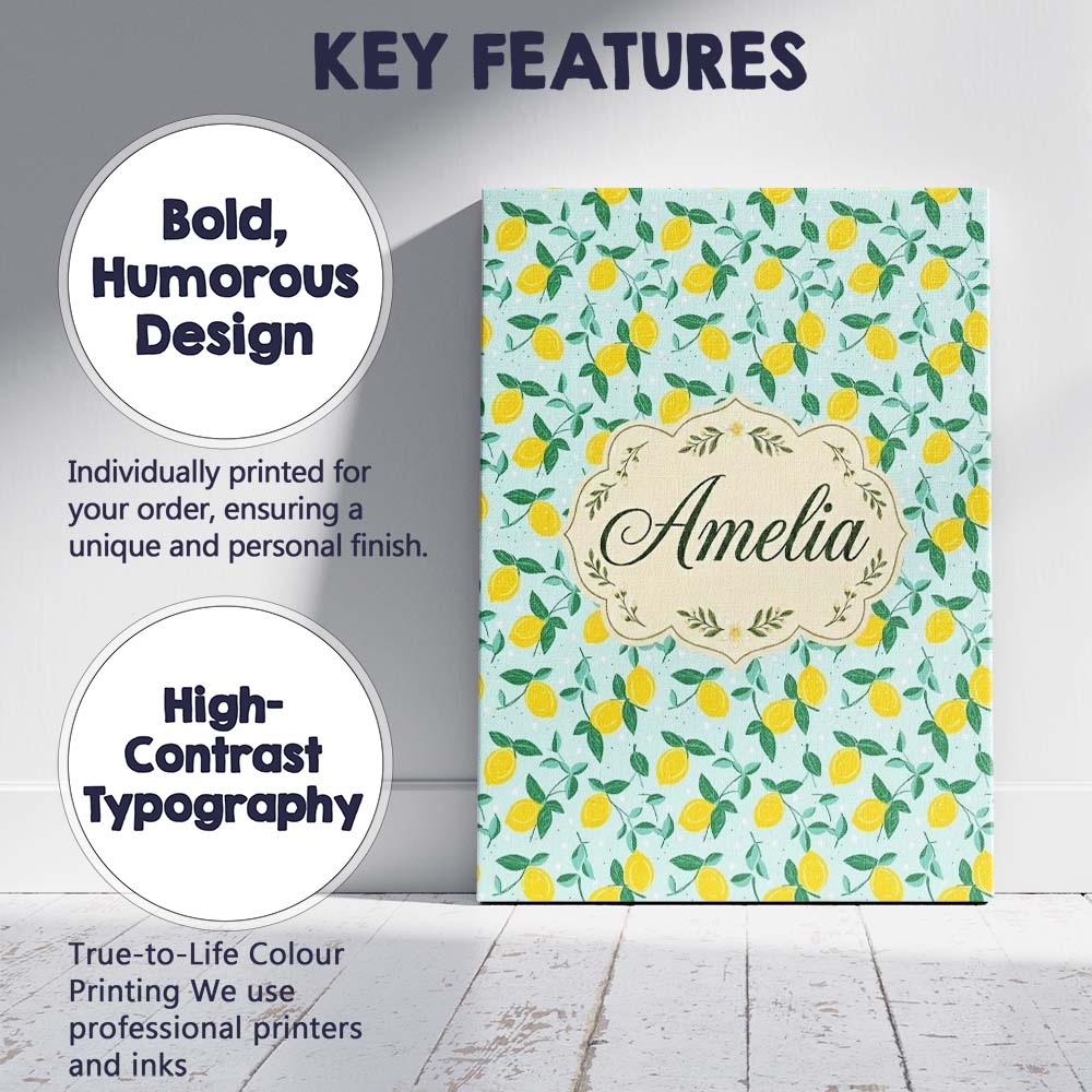 Personalised Name Fresh Lemon and Leaf Toss Custom Bespoke Interior Contemporary Canvas Wall Art Print Decor Picture Ready to Hang