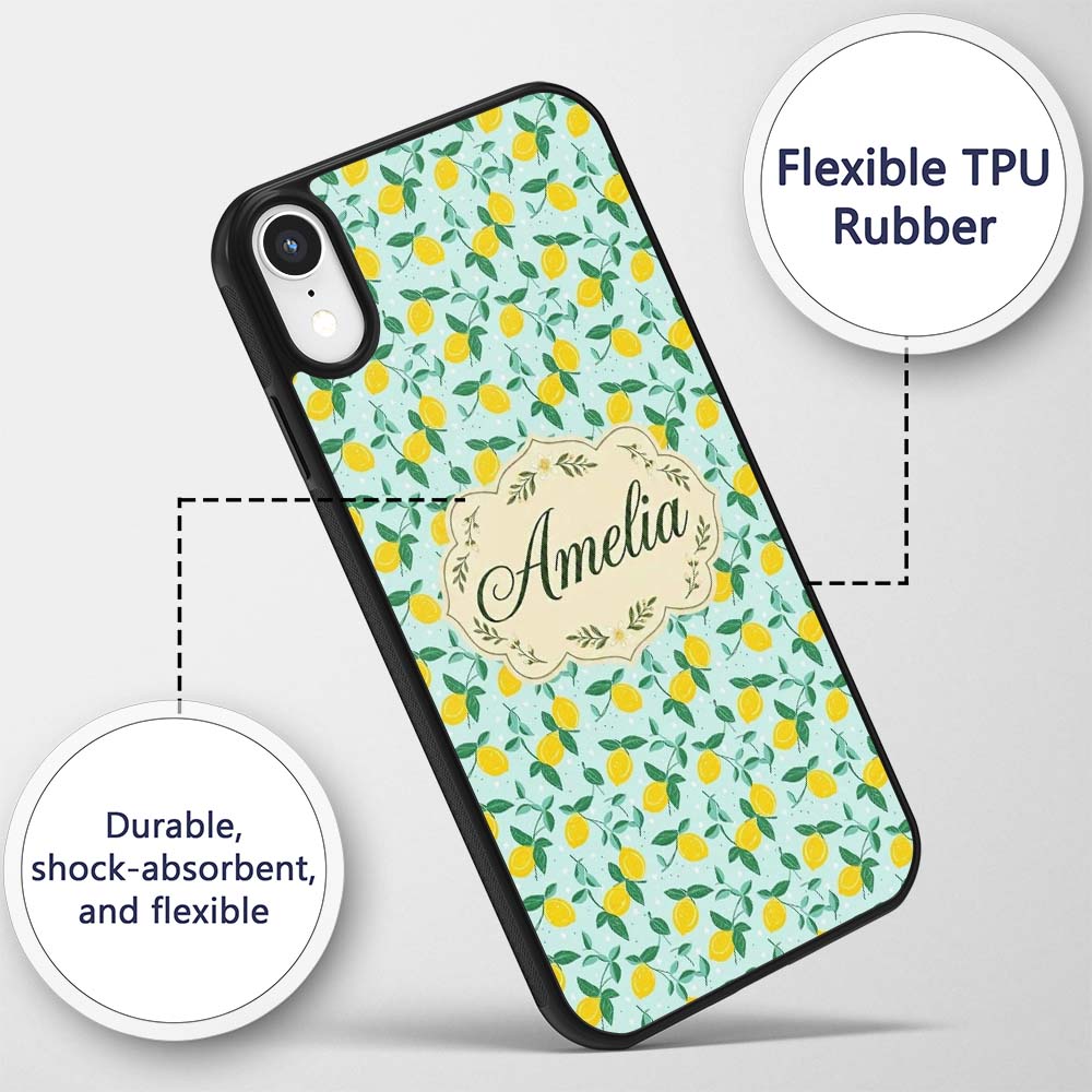 Fresh Lemon and Leaf Toss Pattern on Mint Green Custom Name Protective Phone Case Mobile Cover Durable Everyday Smartphone Shock Resistant