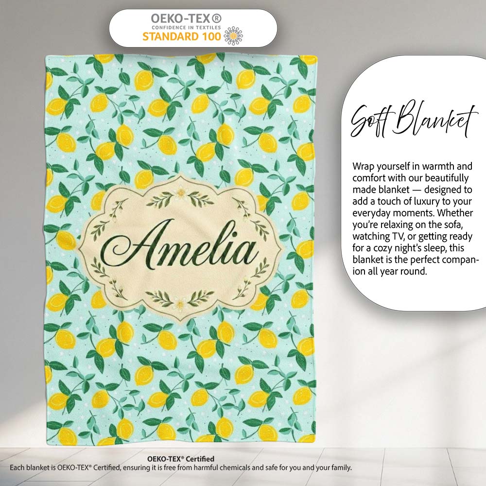 Fresh Lemon and Leaf Toss Pattern on Mint Green Background Lovely Personalised Custom Name Super Soft Fleece Blanket Bed Sofa Throw