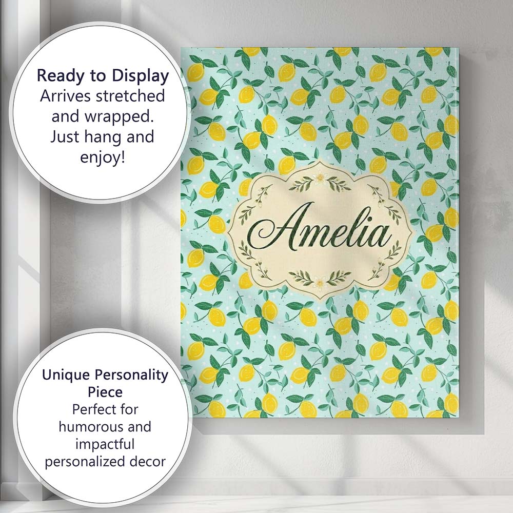 Personalised Name Fresh Lemon and Leaf Toss Custom Bespoke Interior Contemporary Canvas Wall Art Print Decor Picture Ready to Hang