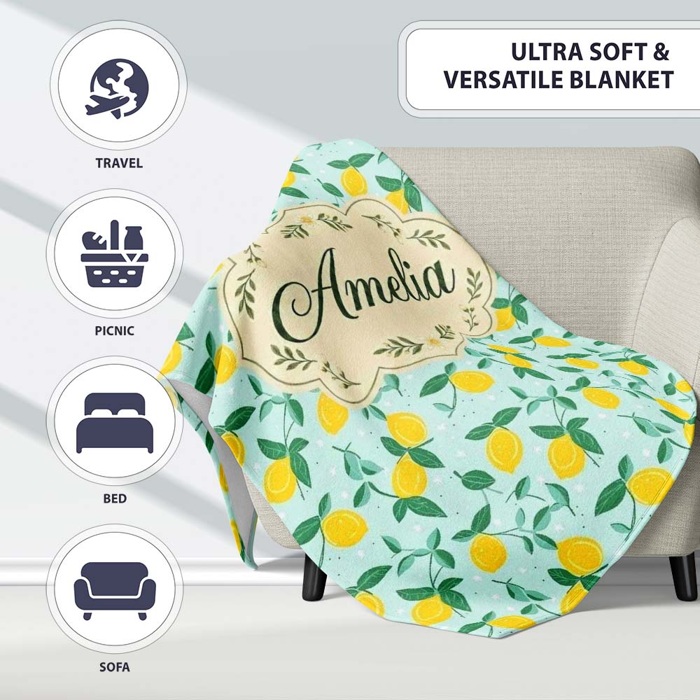 Fresh Lemon and Leaf Toss Pattern on Mint Green Background Lovely Personalised Custom Name Super Soft Fleece Blanket Bed Sofa Throw