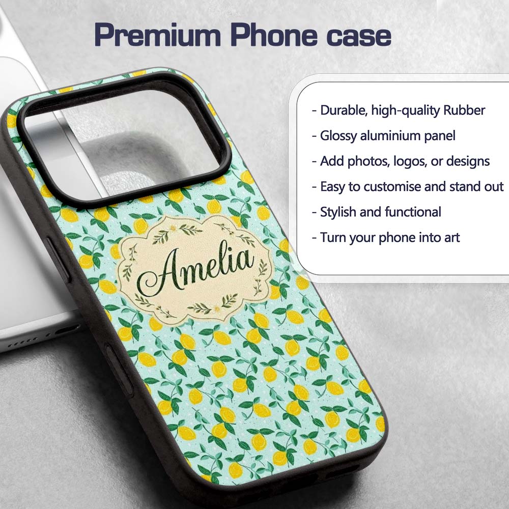 Fresh Lemon and Leaf Toss Pattern on Mint Green Custom Name Protective Phone Case Mobile Cover Durable Everyday Smartphone Shock Resistant