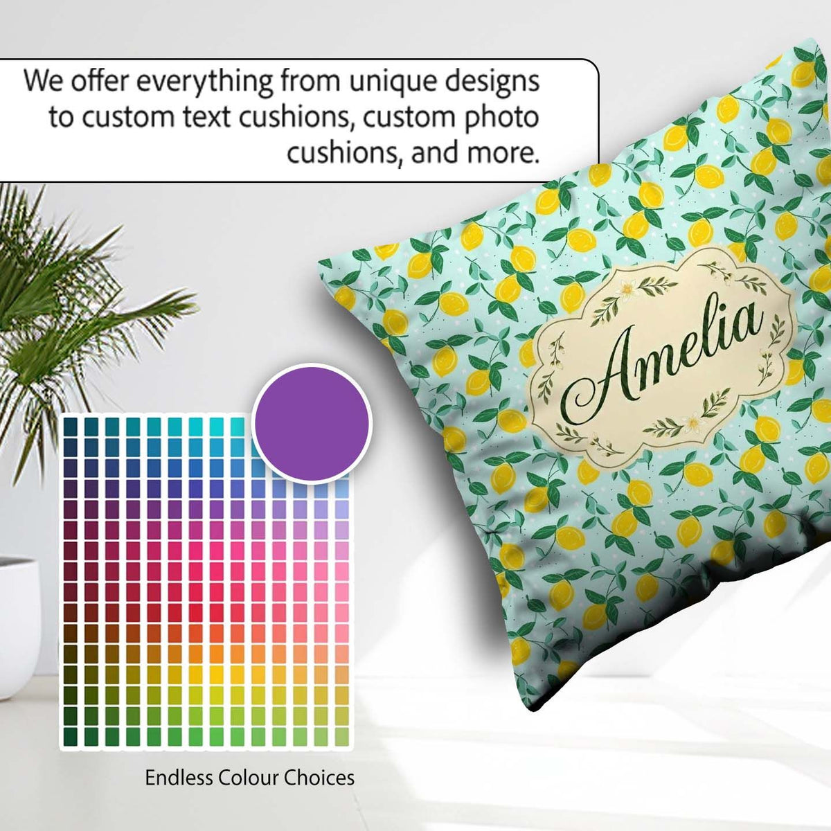 Custom Name Fresh Lemon and Leaf Toss Pattern on Mint Background Square Filled Cushion Throw Pillow Sofa Bed Home Decor Zip Washable UK Made