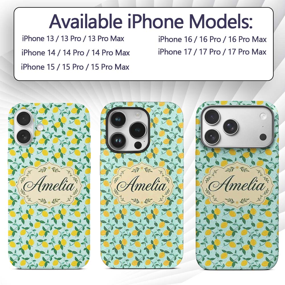 Fresh Lemon and Leaf Toss Pattern on Mint Green Custom Name Protective Phone Case Mobile Cover Durable Everyday Smartphone Shock Resistant