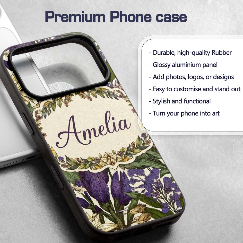 Botanical Floral Garden Illustration Vintage Custom Name Protective Phone Case Mobile Cover Durable Everyday Smartphone Shock Resistant