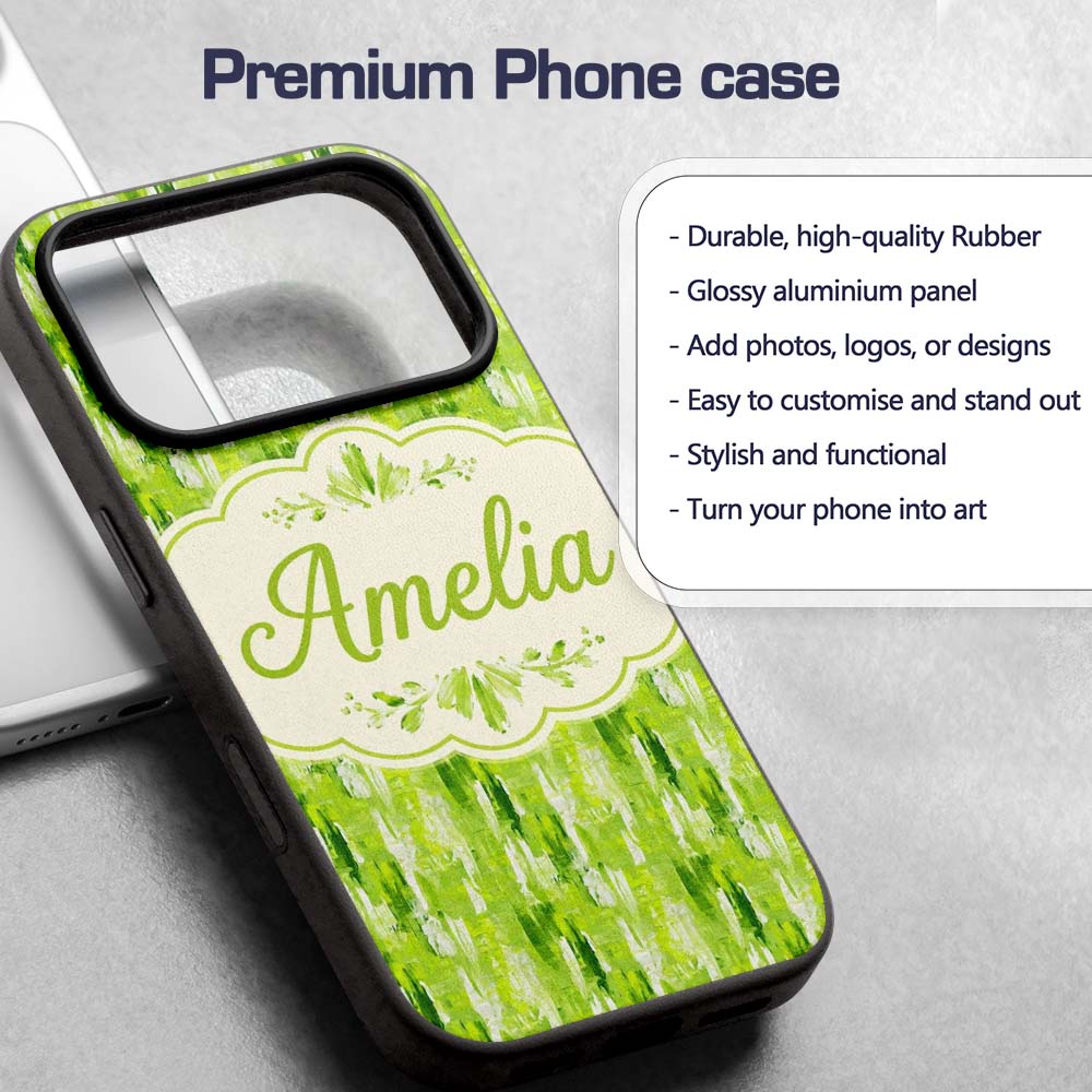 Abstract Green Brushstroke Texture Printed Design Custom Name Protective Phone Case Mobile Cover Durable Everyday Smartphone Shock Resistant