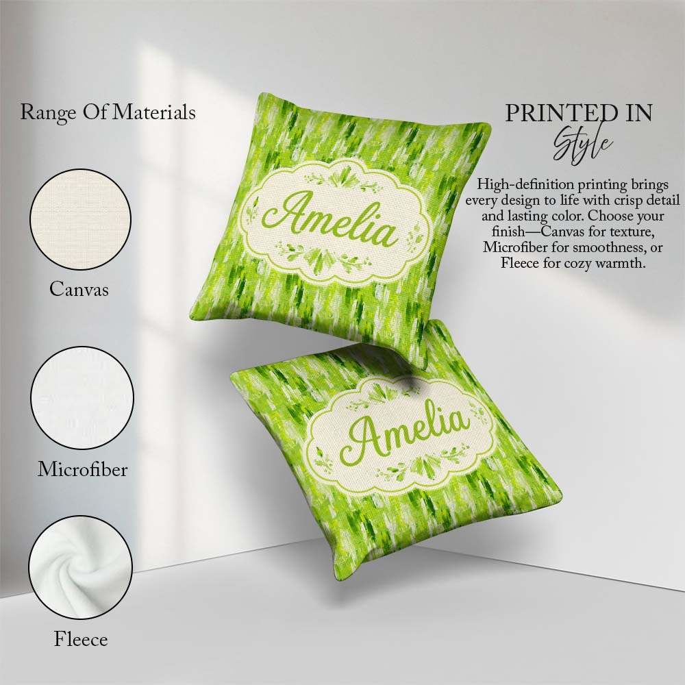 Custom Name Abstract Green Brushstroke Texture Seamless Artistic Square Filled Cushion Throw Pillow Sofa Bed Home Decor Zip Washable UK Made