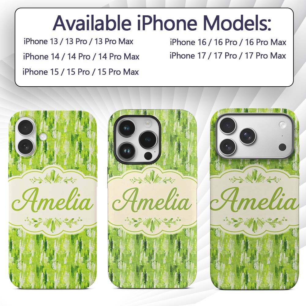 Abstract Green Brushstroke Texture Printed Design Custom Name Protective Phone Case Mobile Cover Durable Everyday Smartphone Shock Resistant