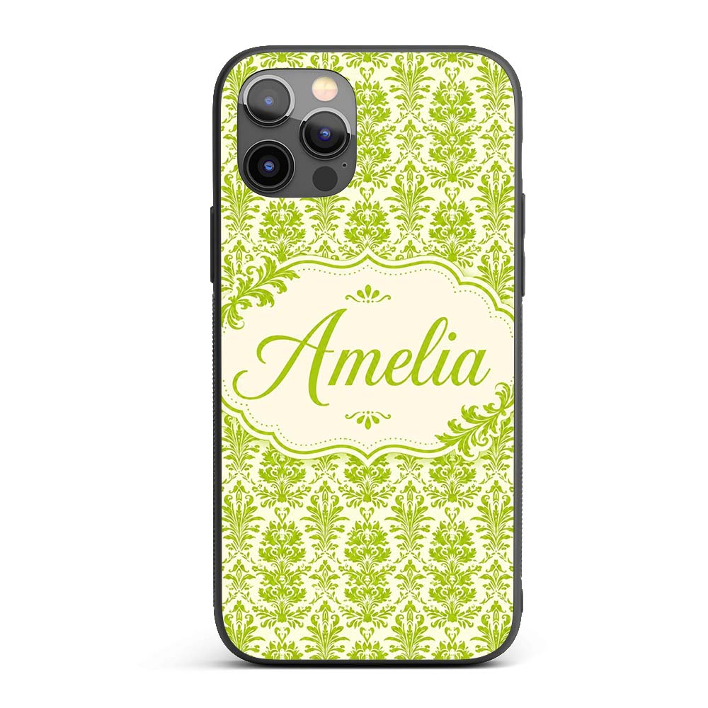 Ornate Green Damask Style Pattern Printed Design Custom Name Protective Phone Case Mobile Cover Durable Everyday Smartphone Shock Resistant