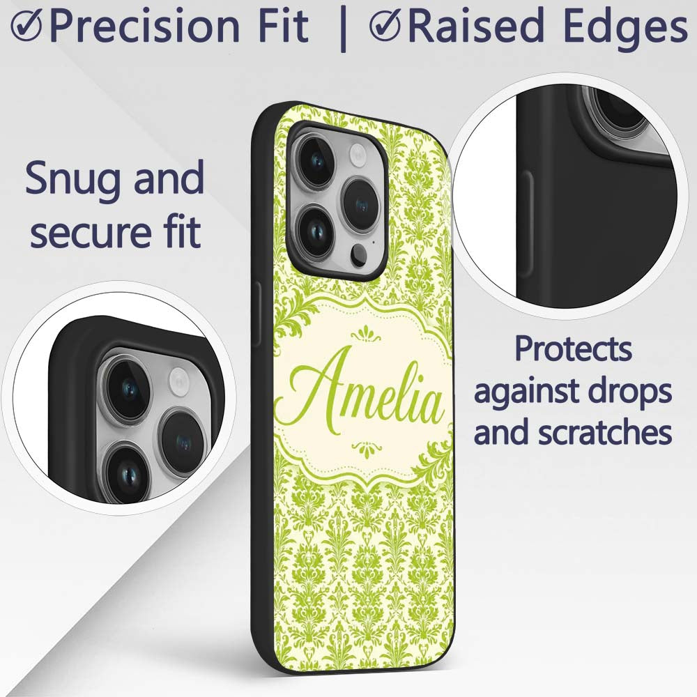 Ornate Green Damask Style Pattern Printed Design Custom Name Protective Phone Case Mobile Cover Durable Everyday Smartphone Shock Resistant
