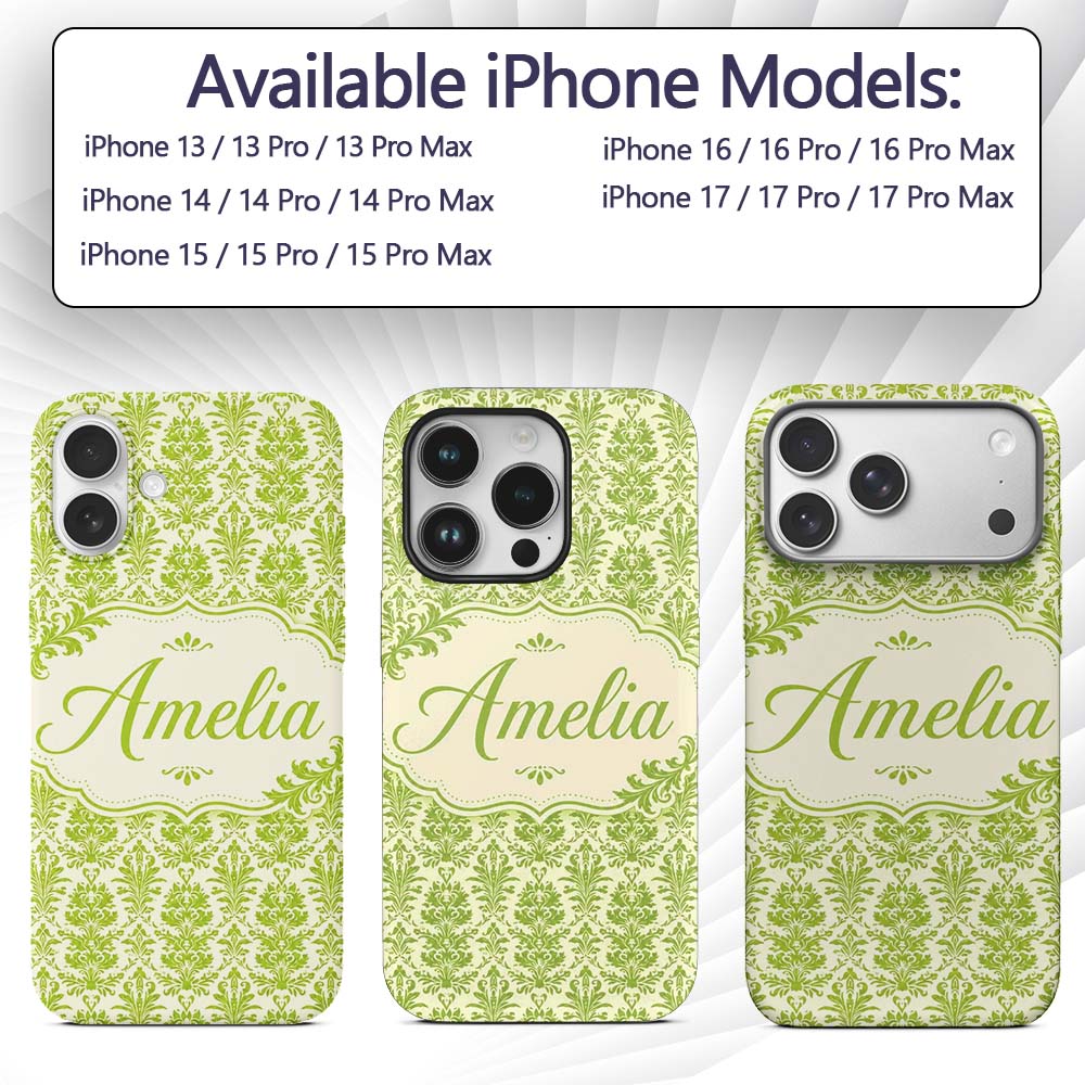 Ornate Green Damask Style Pattern Printed Design Custom Name Protective Phone Case Mobile Cover Durable Everyday Smartphone Shock Resistant