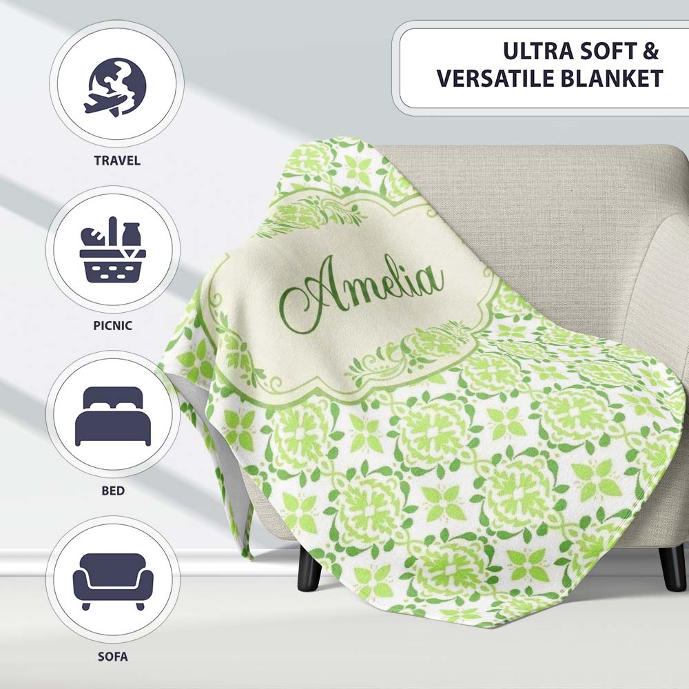 Geometric Floral Green Tile Pattern on White Background Seamless Personalised Custom Name Super Soft Fleece Blanket Bed Sofa Throw