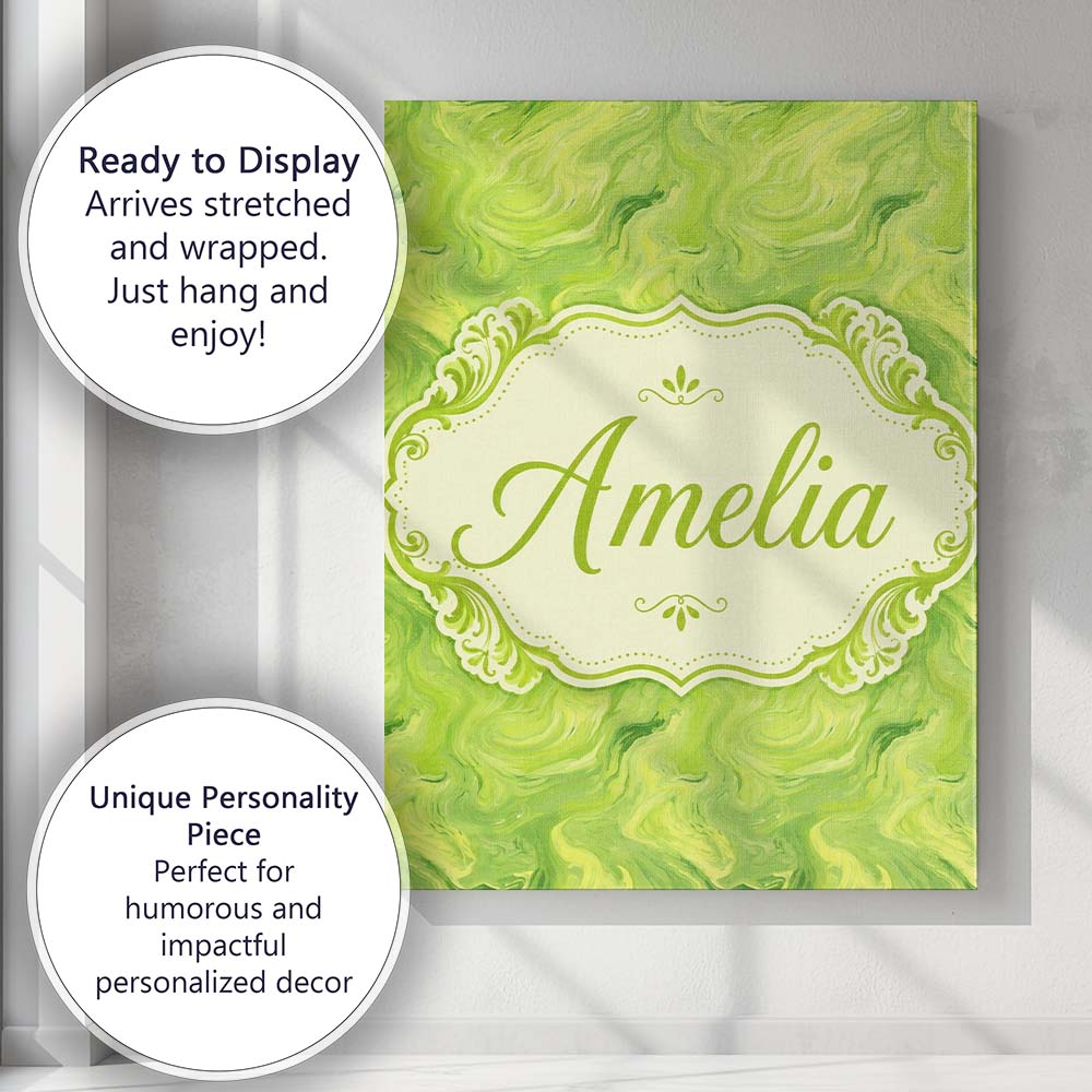 Personalised Name Fluid Green Marble Swirl Custom Unique Gift Idea Elegant Feature Canvas Wall Art Print Decor Picture Ready to Hang