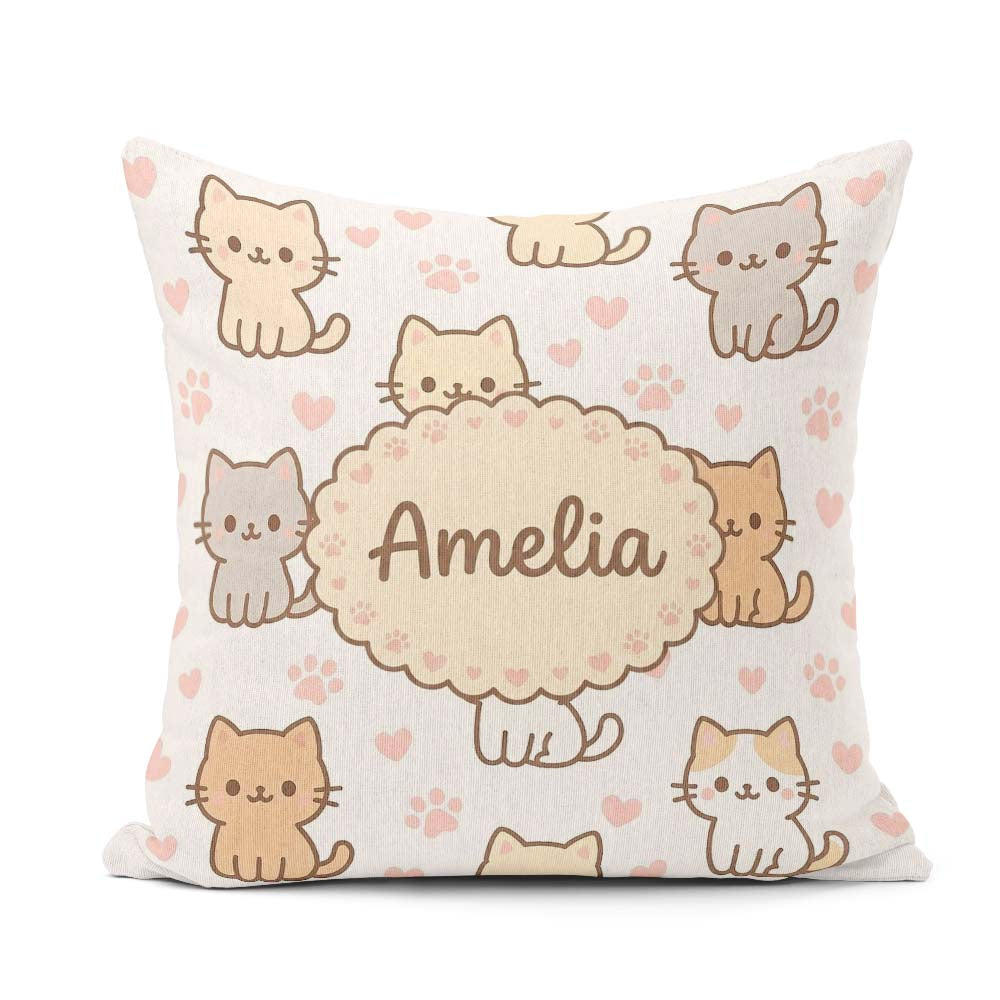 Custom Name Cute Kitten Hearts Cartoon Animal Pattern Decor Square Filled Cushion Throw Pillow Sofa Bed Home Decor Zip Washable UK Made