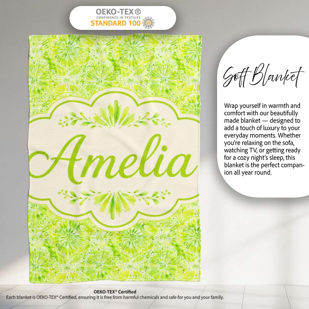 Watercolor Citrus Slice Lime Pattern Seamless Fresh Fruit Design Personalised Custom Name Super Soft Fleece Blanket Bed Sofa Throw