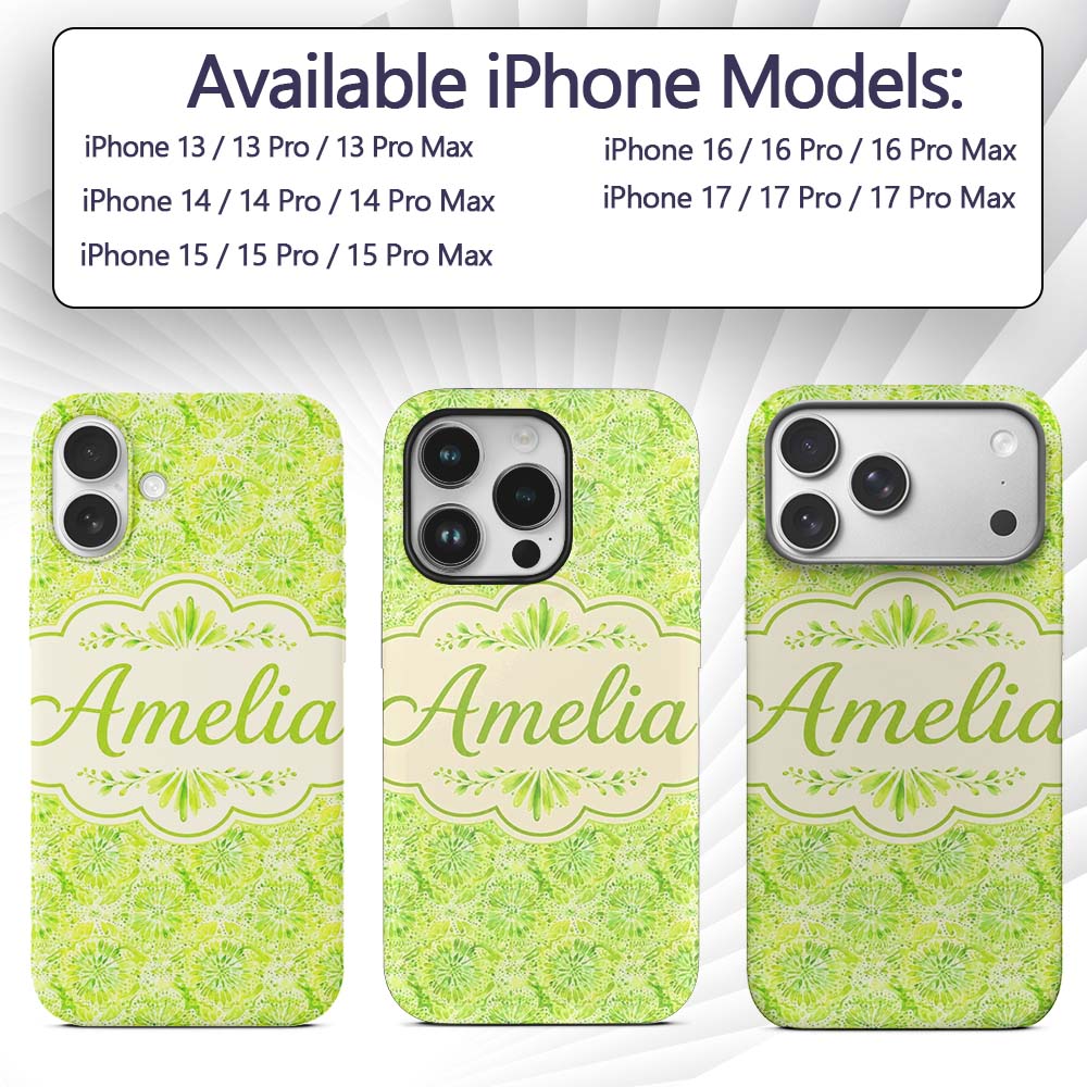 Watercolor Citrus Slice Lime Pattern Seamless Custom Name Protective Phone Case Mobile Cover Durable Everyday Smartphone Shock Resistant