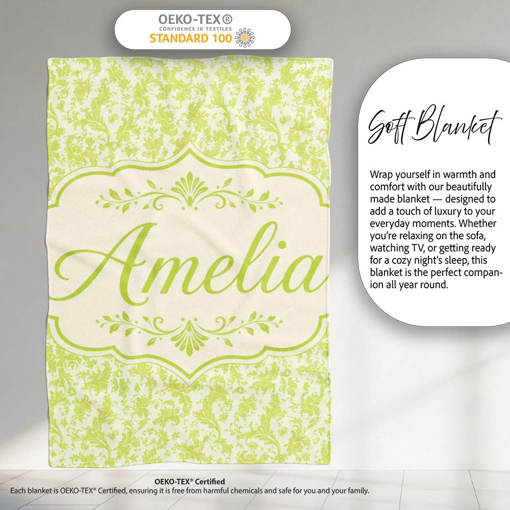 Elegant Green Damask Floral Vintage Seamless Pattern Lovely Personalised Custom Name Super Soft Fleece Blanket Bed Sofa Throw