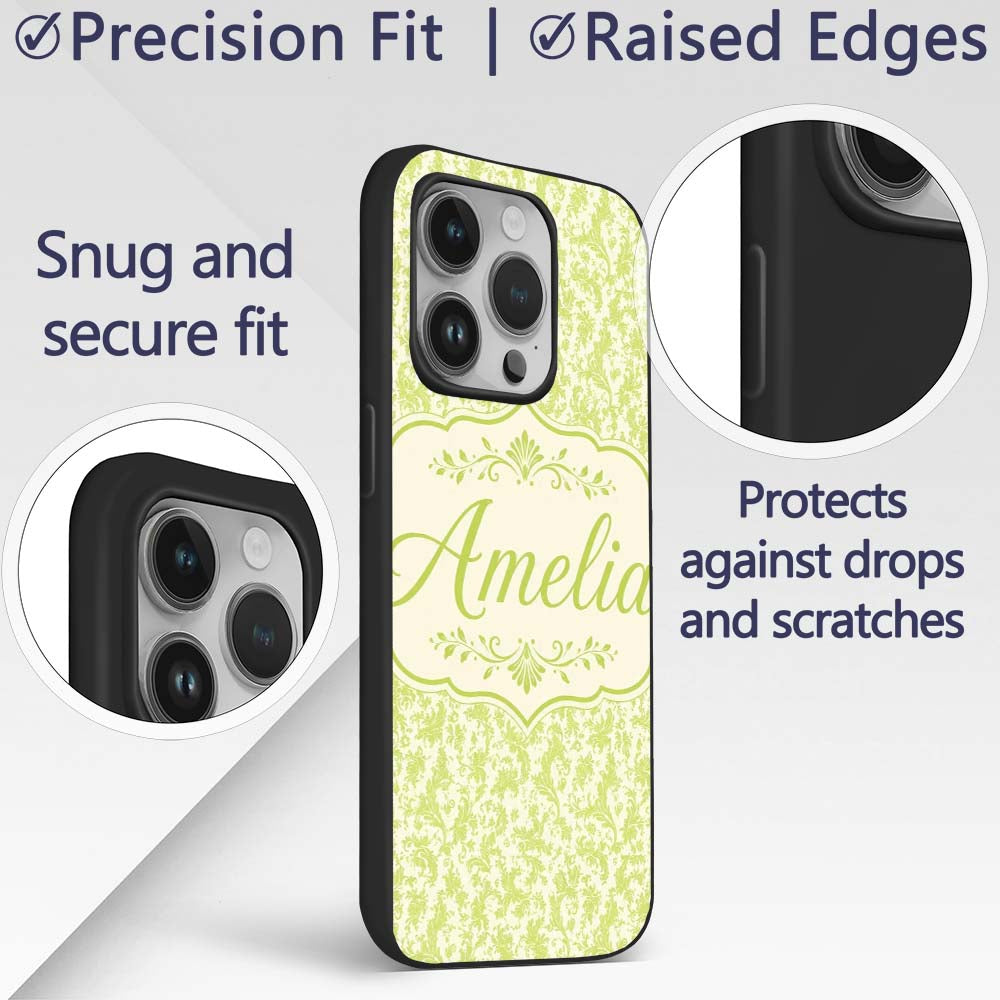 Elegant Green Damask Floral Vintage Seamless Custom Name Protective Phone Case Mobile Cover Durable Everyday Smartphone Shock Resistant