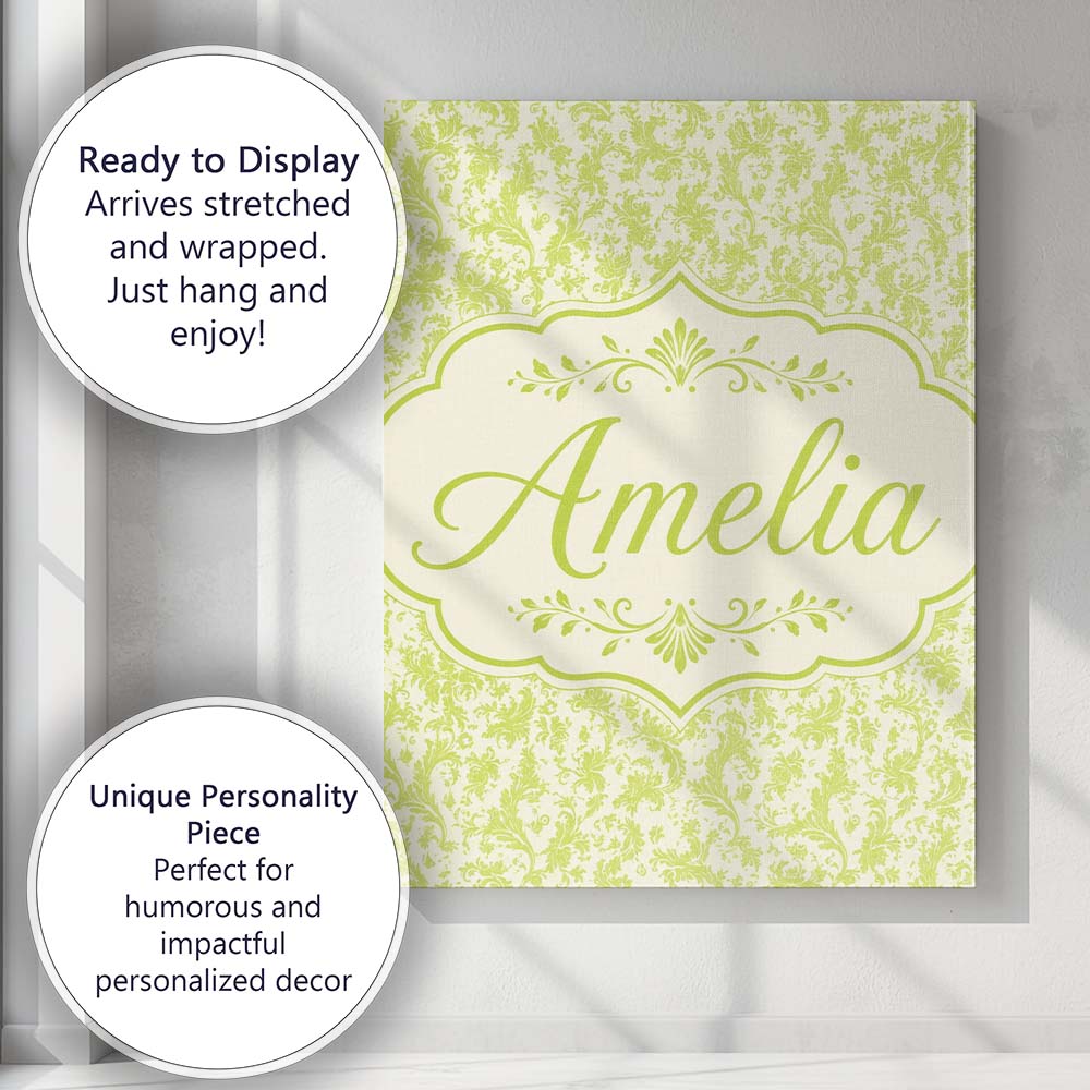 Personalised Name Elegant Green Damask Custom Unique Gift Idea Modern Room Accent Canvas Wall Art Print Decor Picture Ready to Hang