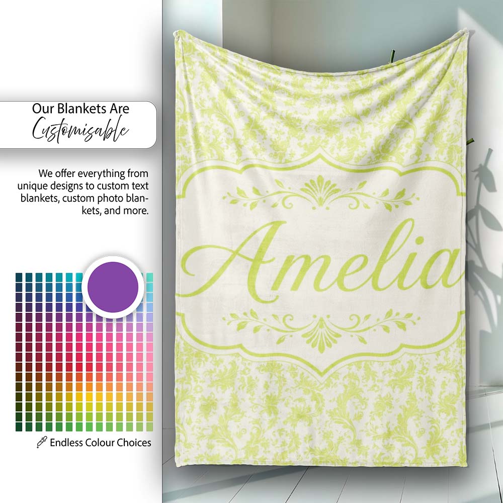 Elegant Green Damask Floral Vintage Seamless Pattern Lovely Personalised Custom Name Super Soft Fleece Blanket Bed Sofa Throw