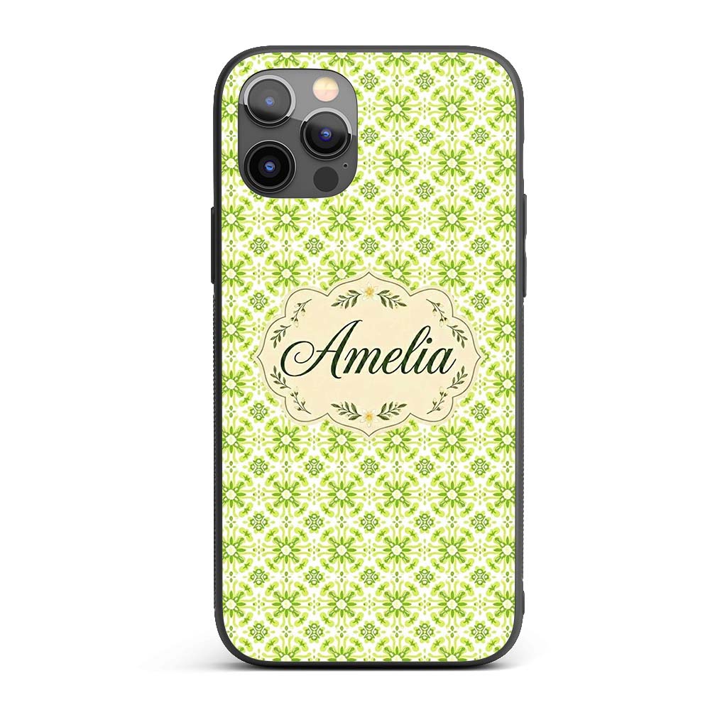 Small Scale Green Floral Geometric Tile Seamless Custom Name Protective Phone Case Mobile Cover Durable Everyday Smartphone Shock Resistant