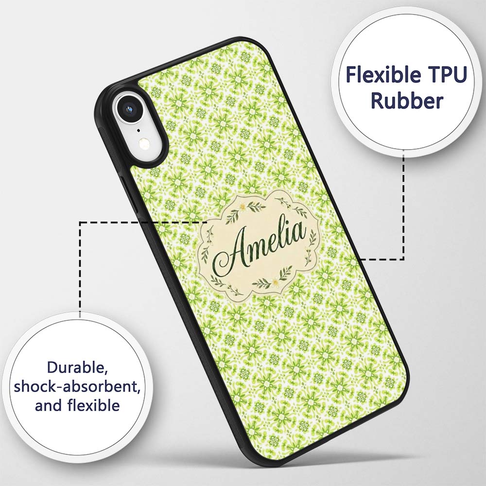Small Scale Green Floral Geometric Tile Seamless Custom Name Protective Phone Case Mobile Cover Durable Everyday Smartphone Shock Resistant