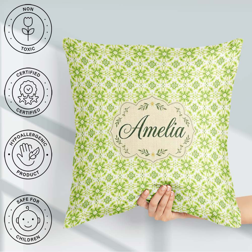 Custom Name Small Scale Green Floral Geometric Seamless Pattern Square Filled Cushion Throw Pillow Sofa Bed Home Decor Zip Washable UK Made