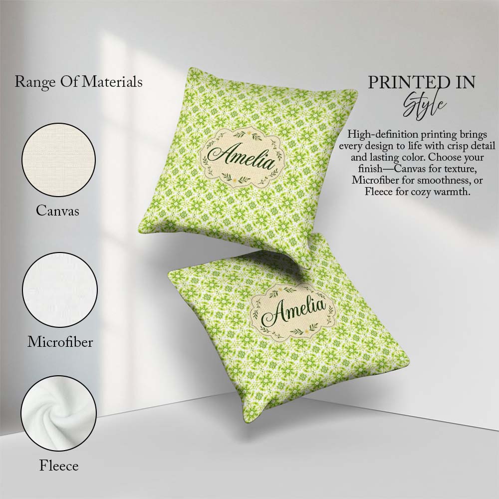 Custom Name Small Scale Green Floral Geometric Seamless Pattern Square Filled Cushion Throw Pillow Sofa Bed Home Decor Zip Washable UK Made