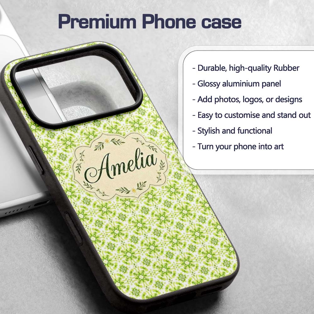 Small Scale Green Floral Geometric Tile Seamless Custom Name Protective Phone Case Mobile Cover Durable Everyday Smartphone Shock Resistant