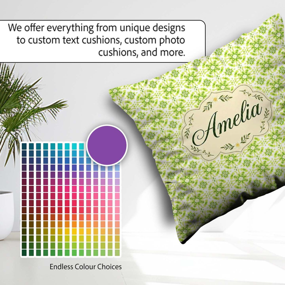 Custom Name Small Scale Green Floral Geometric Seamless Pattern Square Filled Cushion Throw Pillow Sofa Bed Home Decor Zip Washable UK Made
