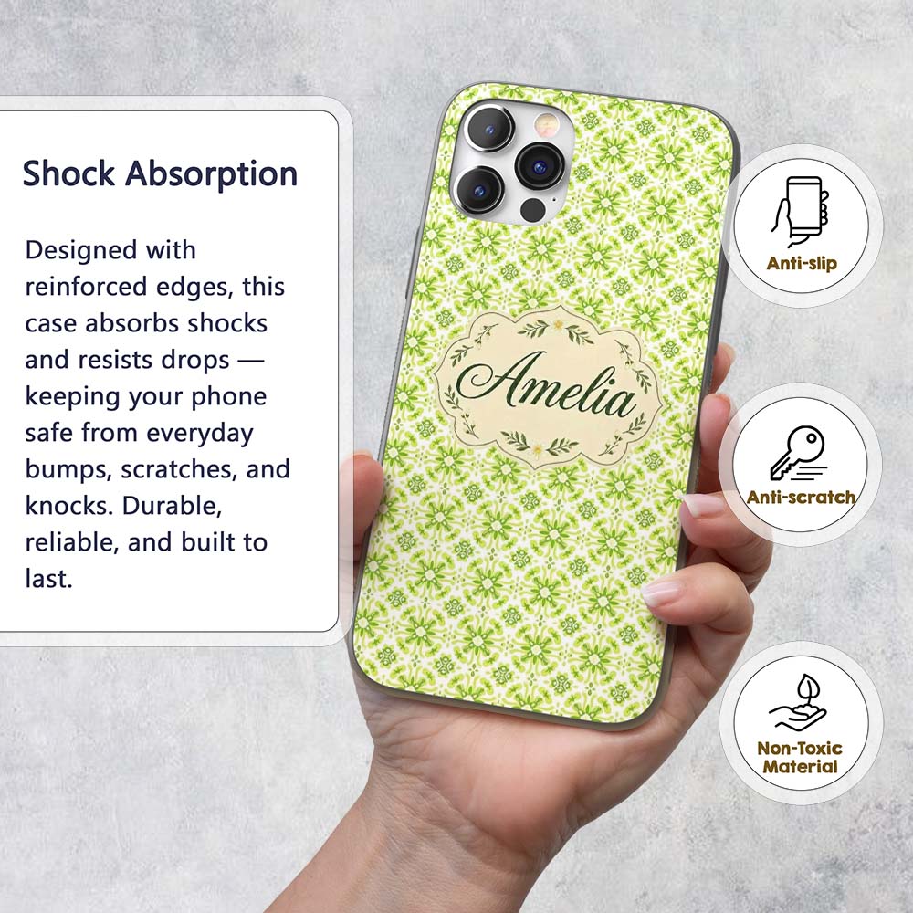 Small Scale Green Floral Geometric Tile Seamless Custom Name Protective Phone Case Mobile Cover Durable Everyday Smartphone Shock Resistant